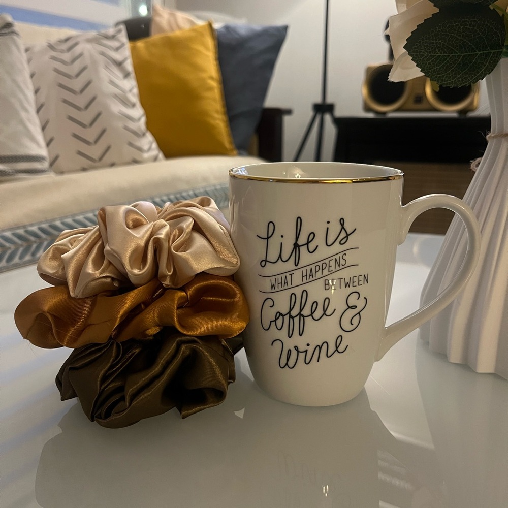 Indigo White Ceramic Mug with with 3 silk scrunchies